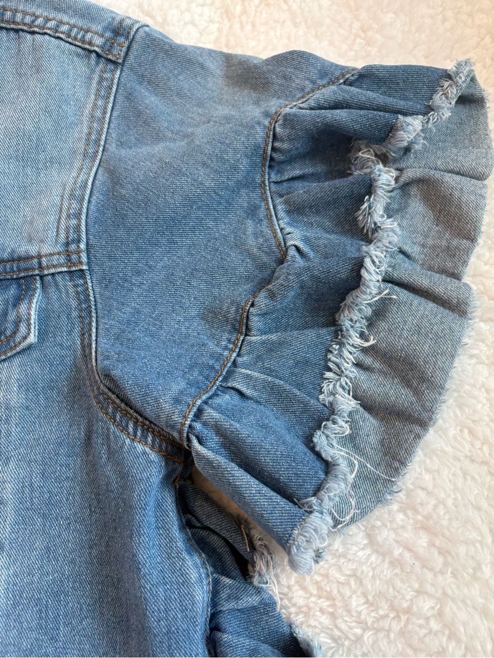 Three Bird Nest Scottie Ruffle Denim Jacket S/M Cropped Boho Jean Jacket - Picture 6 of 12